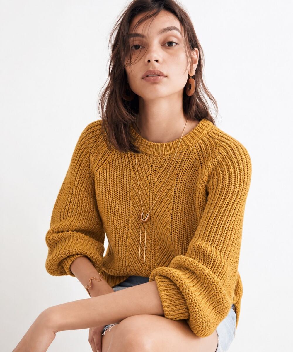 Madewell Mustard Yellow 100% Cotton Chevron Knit Balloon Sleeve Sweater Small S